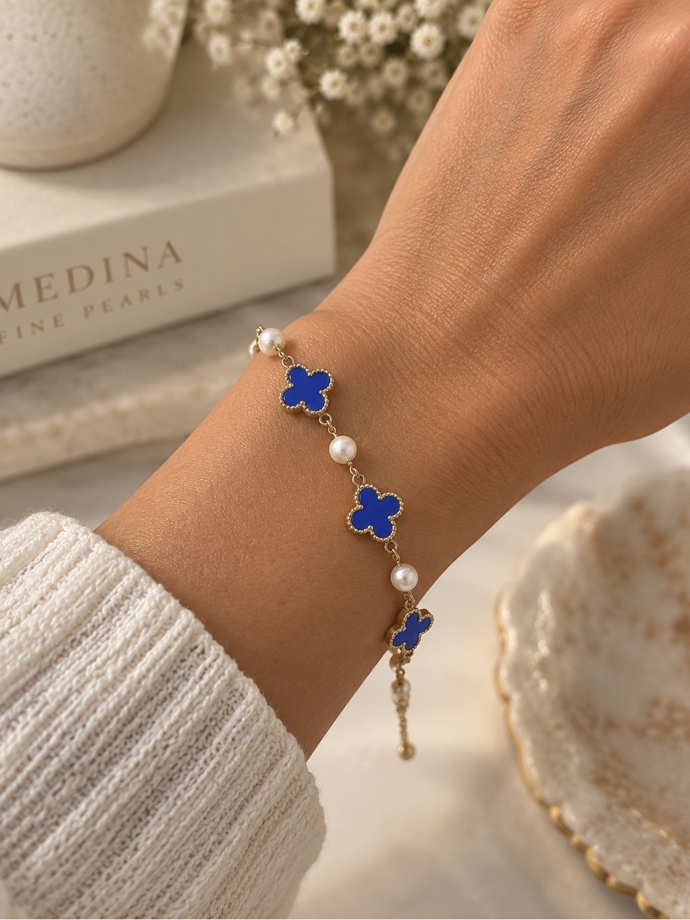 Delicate Blue Clover and fresh water Pearl Bracelet - Gold Accent